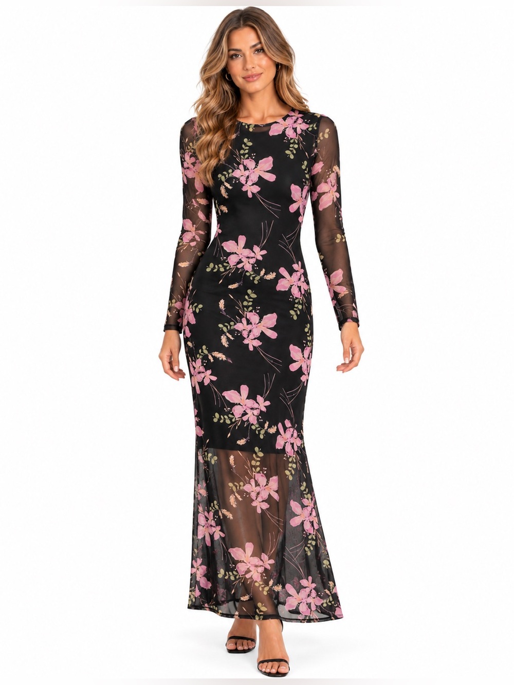 BTFBM Boho Mesh Long Sleeve Dress Floral Midi Dress in Black & Pink
